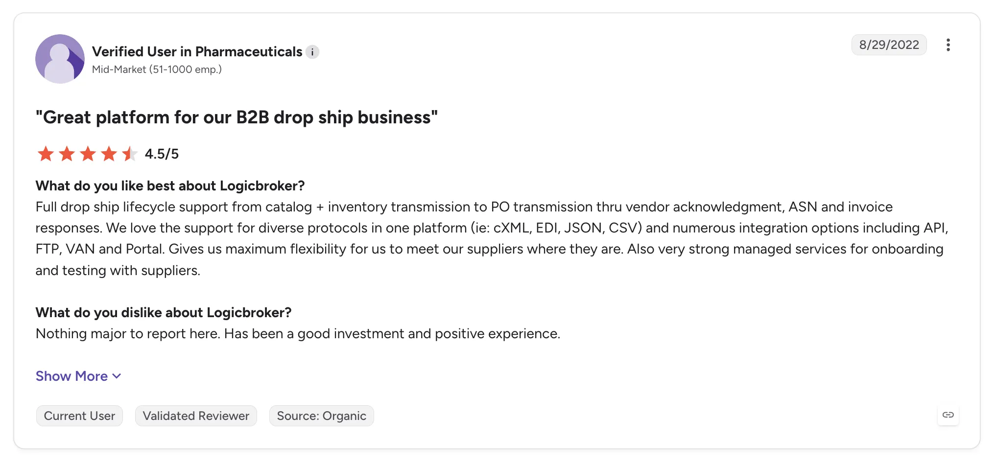 Customer review of Logicbroker rated 4.5/5, titled 'Great platform for our B2B drop ship business', praising full drop ship lifecycle support and many integration options
