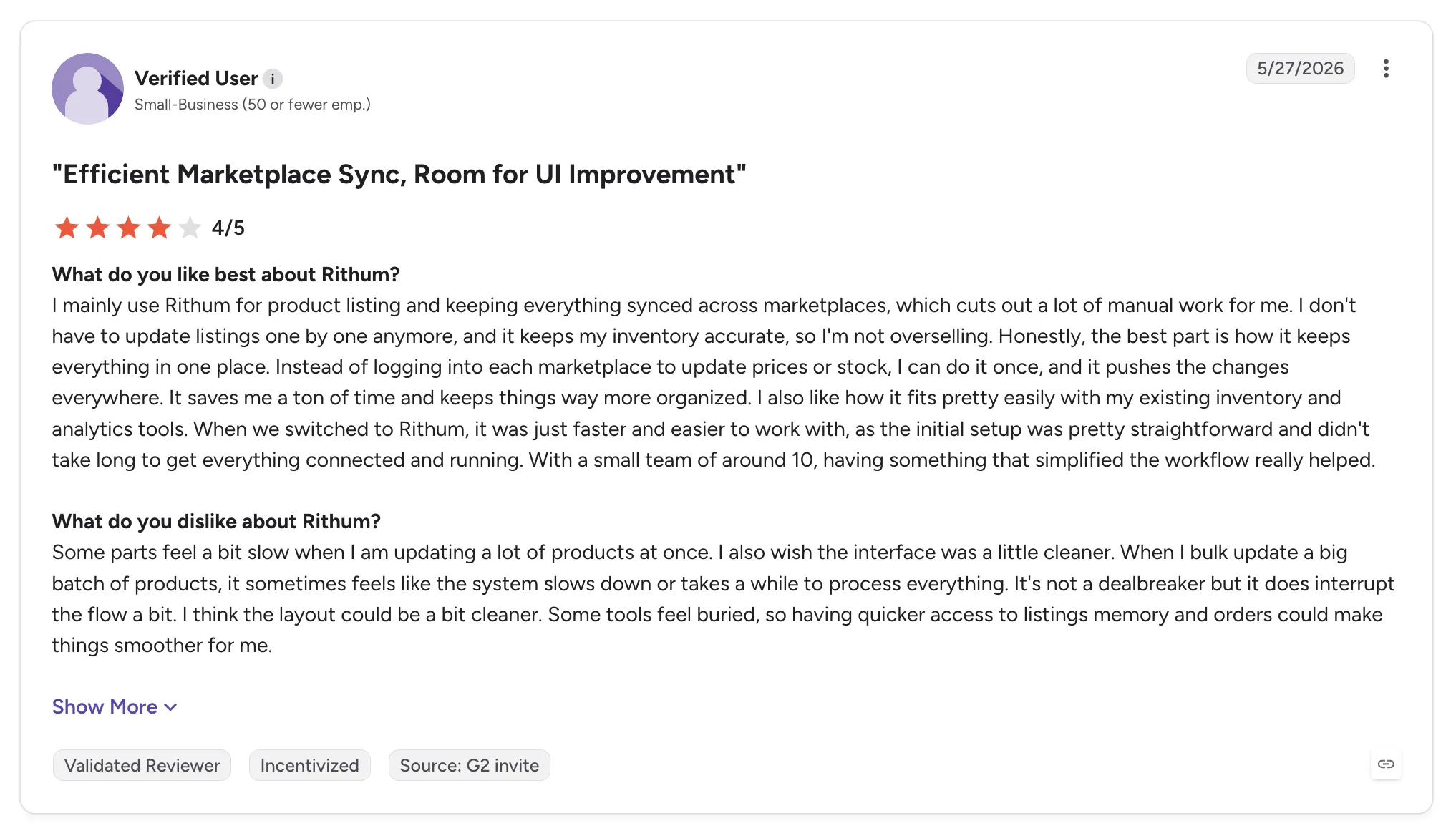 Customer review of Rithum on G2 rated 4/5, titled 'Efficient Marketplace Sync, Room for UI Improvement', praising listing sync but noting slow bulk updates
