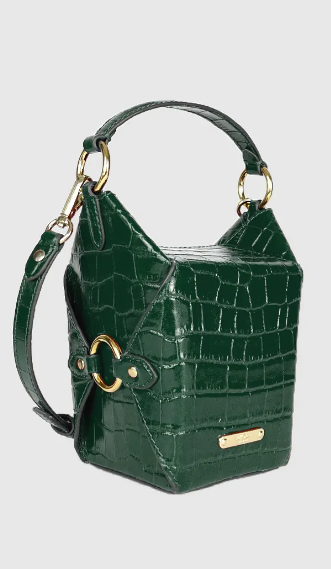 Green croc-embossed mini bag with gold-tone hardware and a shoulder strap