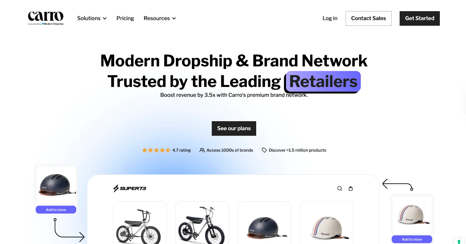Carro homepage with a Super73 store demo showing bikes and helmets with Add to store buttons