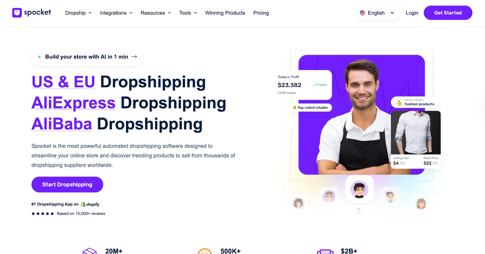 Spocket homepage with a dropshipping headline beside a smiling man in an apron and a profit card
