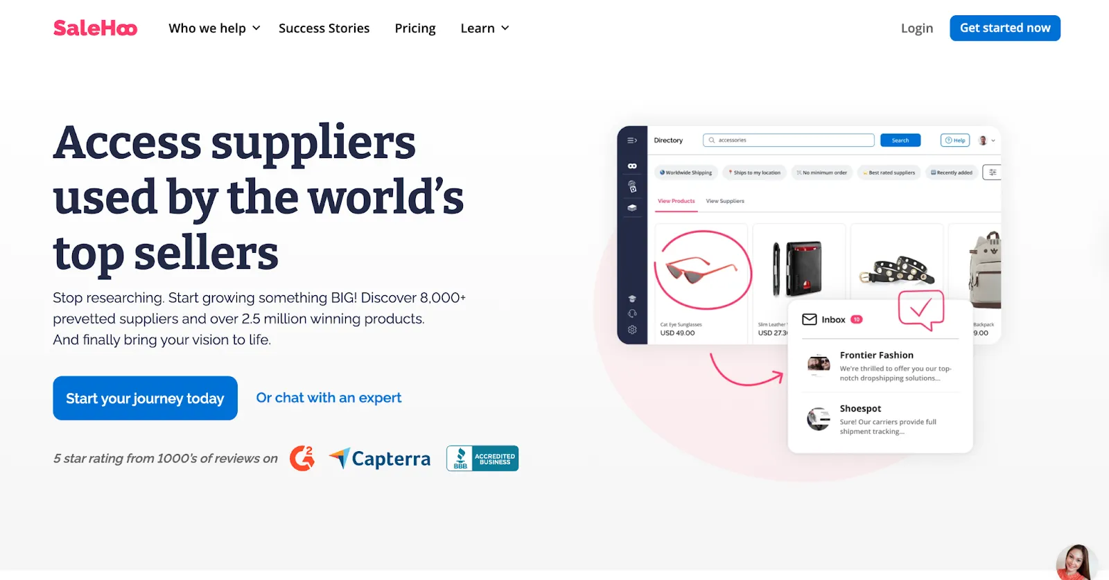SaleHoo homepage with a supplier directory of sunglasses, wallets, and belts and an inbox panel