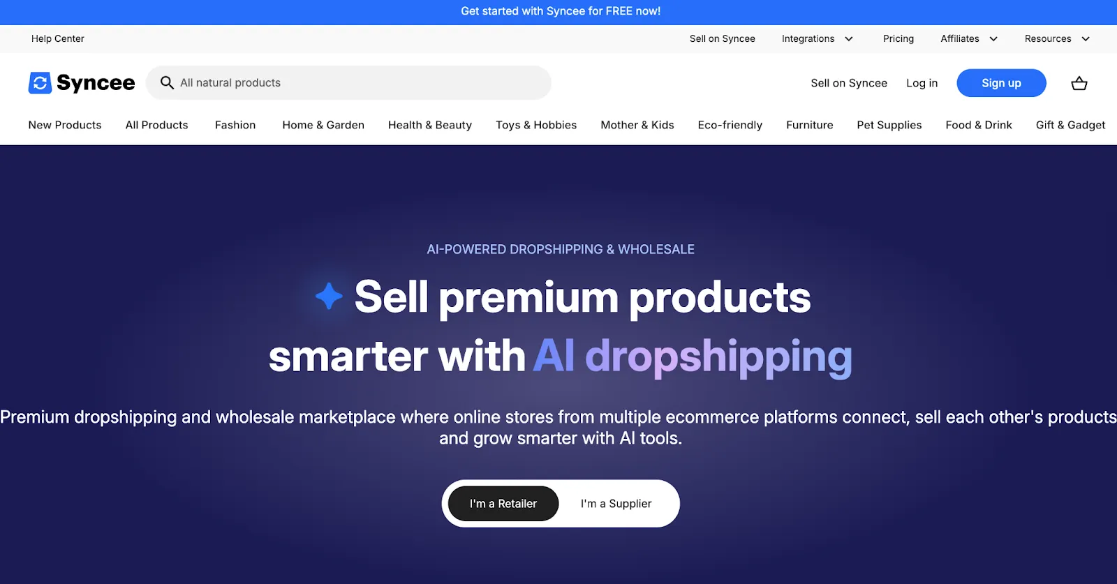 Syncee homepage with a product category menu and retailer and supplier toggle buttons