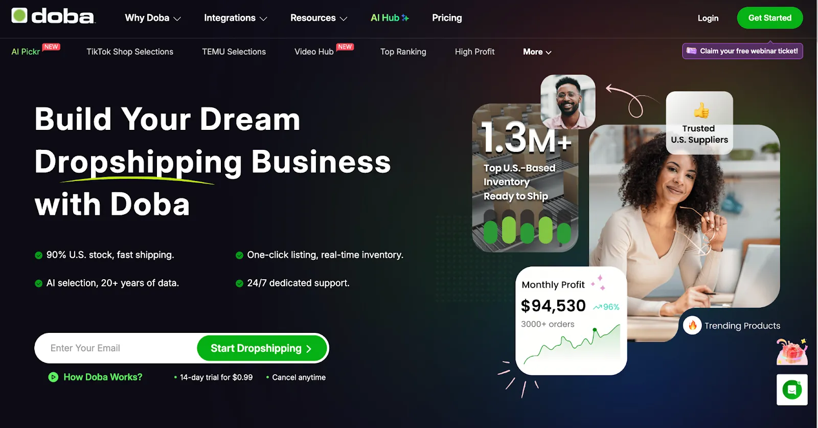 Doba homepage with an email signup field beside a woman at a laptop and a profit chart card