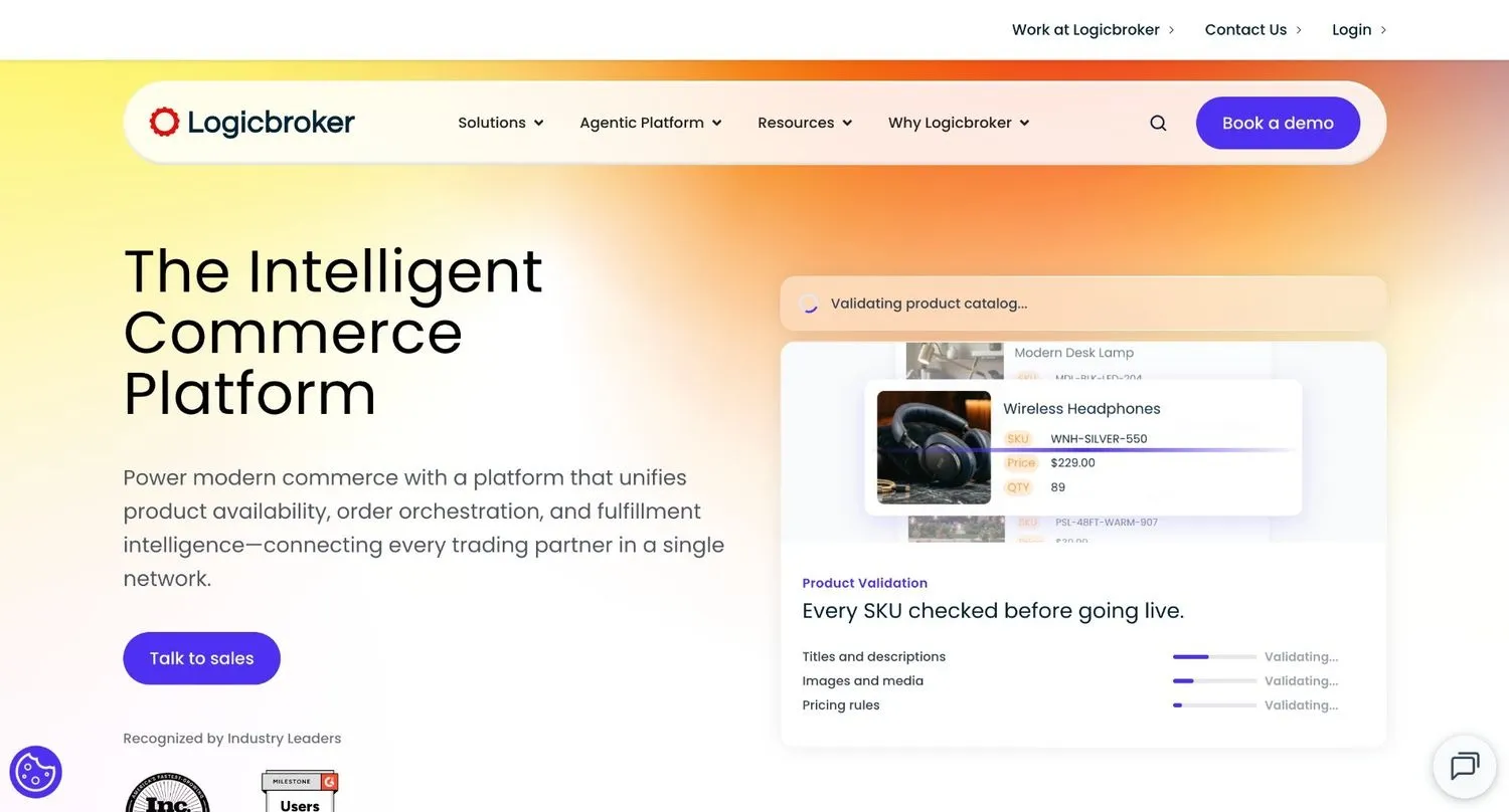 Logicbroker homepage with a product catalog validation card for wireless headphones