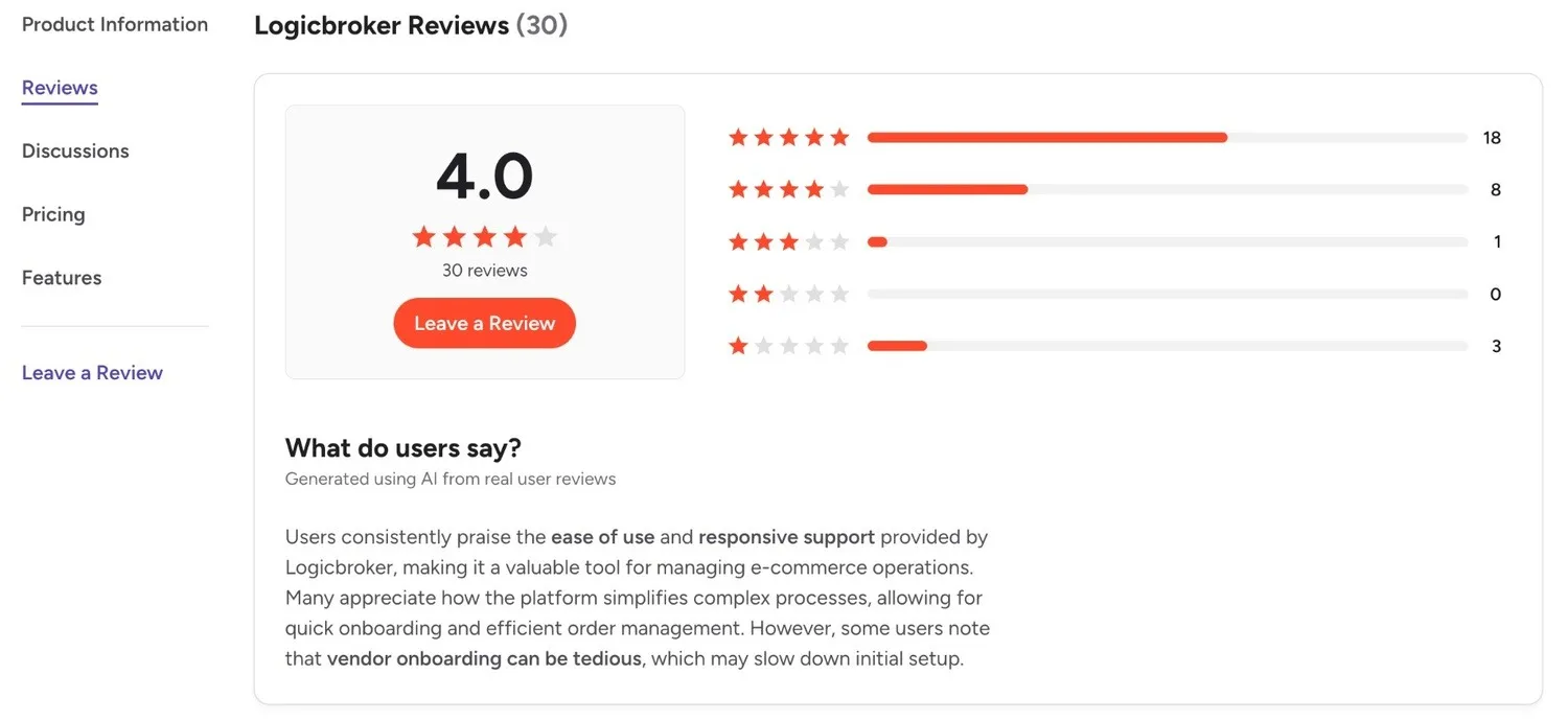 G2 review summary for Logicbroker with a star breakdown and a summary of user feedback