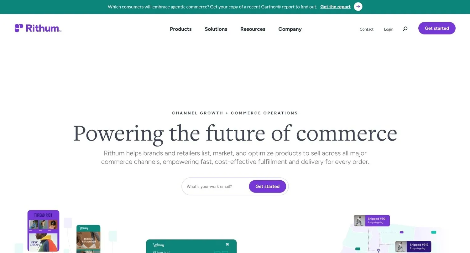 Rithum homepage with a work email field and storefront and shipping illustrations