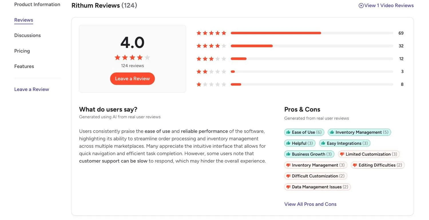 G2 review summary for Rithum with a star breakdown and pros and cons tags