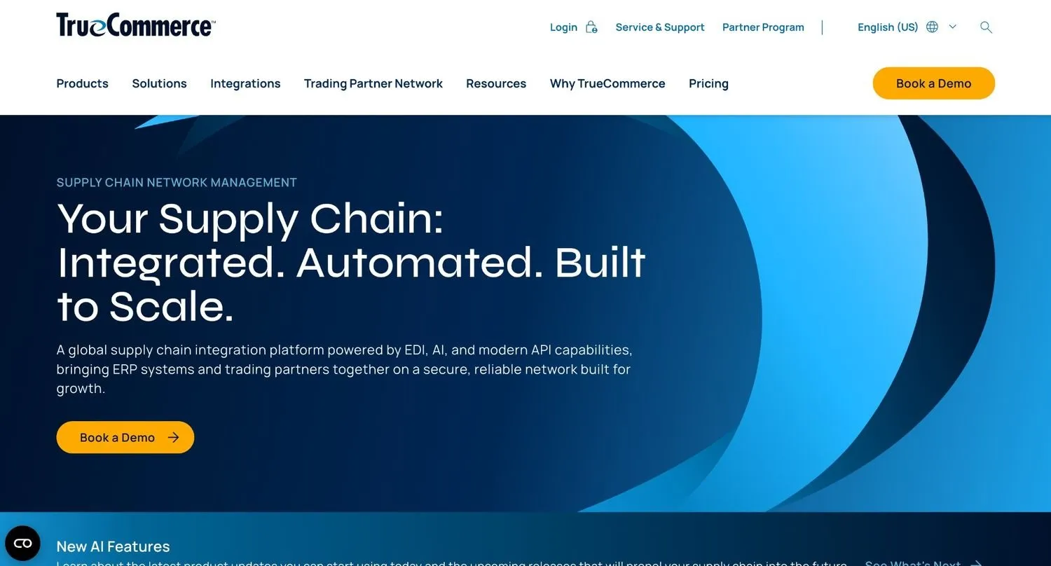 TrueCommerce homepage with a dark blue hero and a Book a Demo button