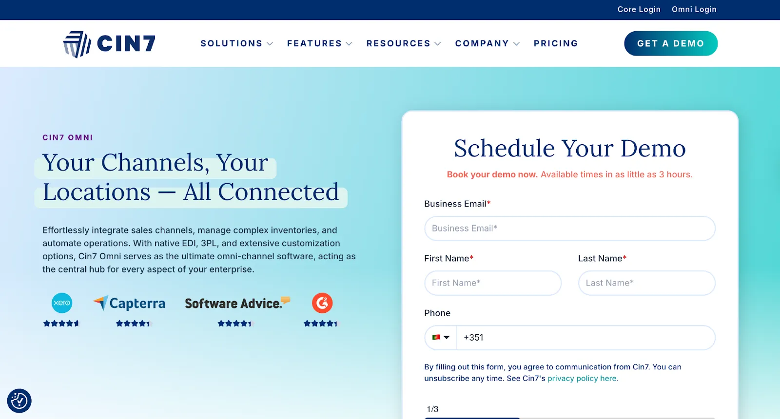 Cin7 Omni page with a Schedule Your Demo form beside the headline