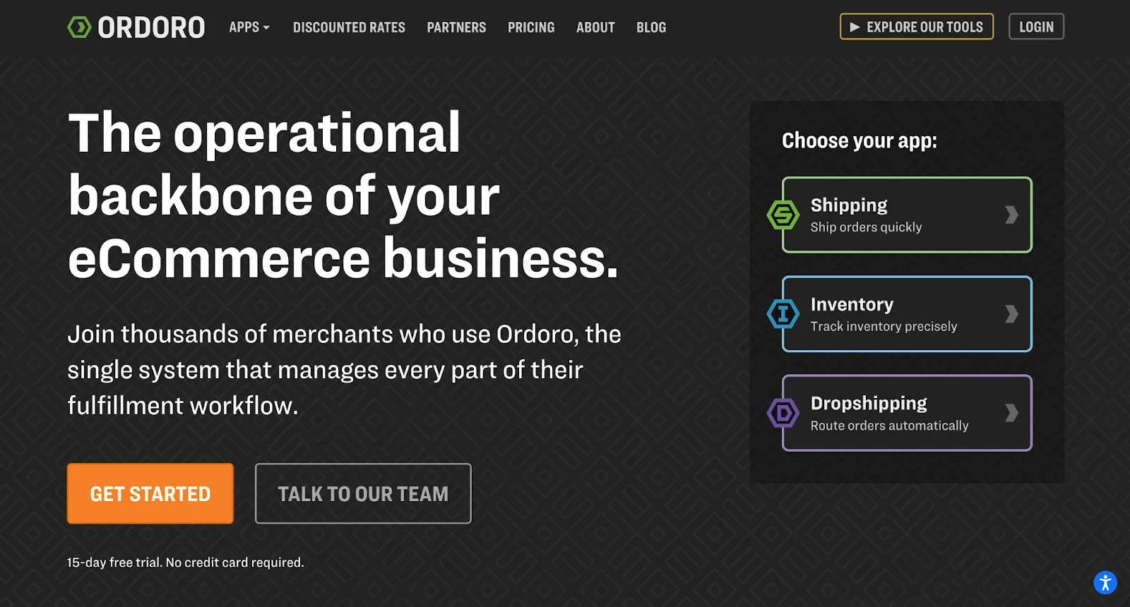 Ordoro homepage with app choices for shipping, inventory, and dropshipping
