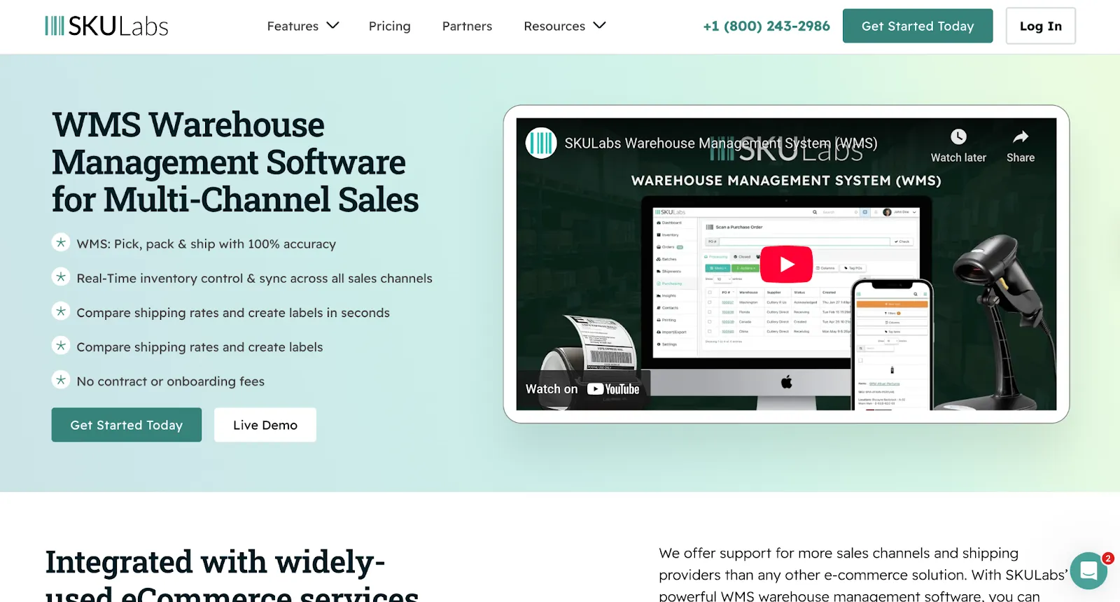 SKULabs homepage with a video preview of its WMS on a desktop, phone, and barcode scanner
