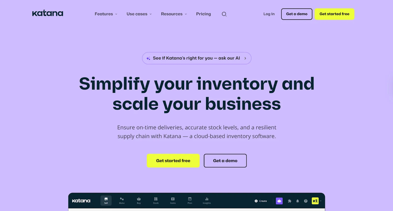 Katana homepage on a lavender background with the top of the app navigation