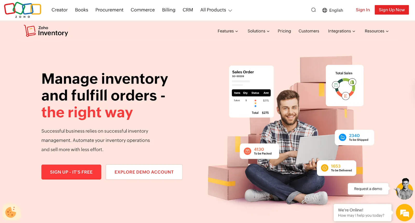 Zoho Inventory homepage with sales order, to-be-packed, shipped, and delivered counts