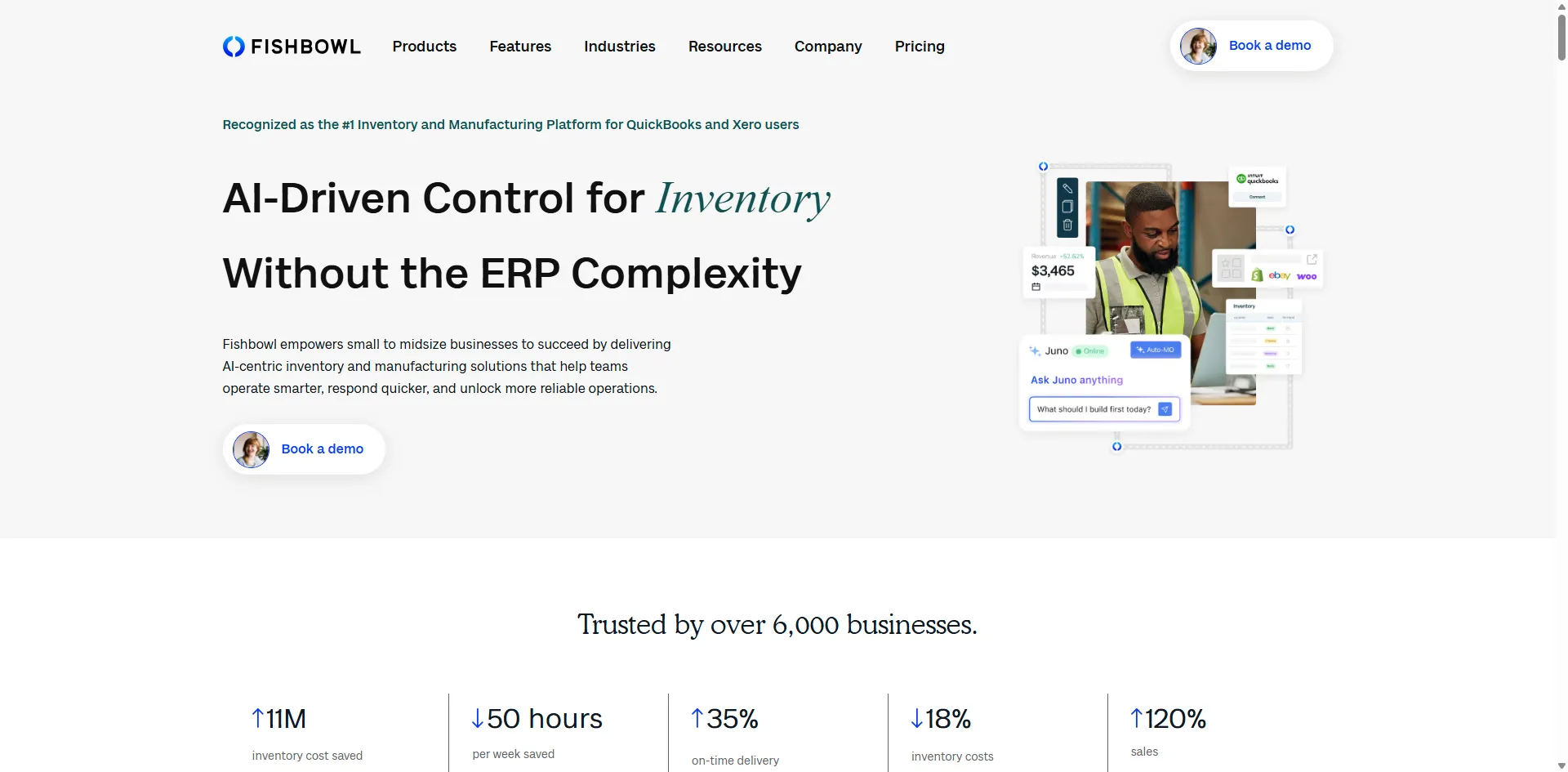 Fishbowl homepage with a warehouse worker beside revenue, inventory, and AI assistant cards