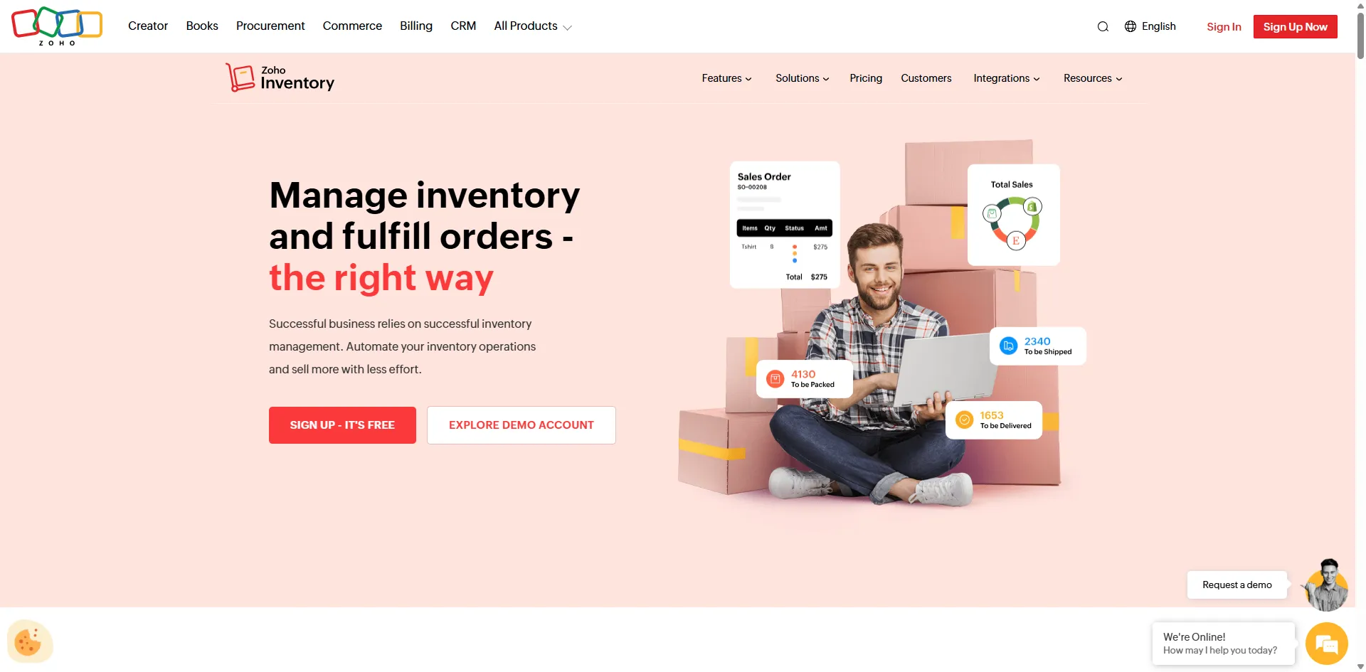Zoho Inventory homepage with sales order, to-be-packed, shipped, and delivered counts