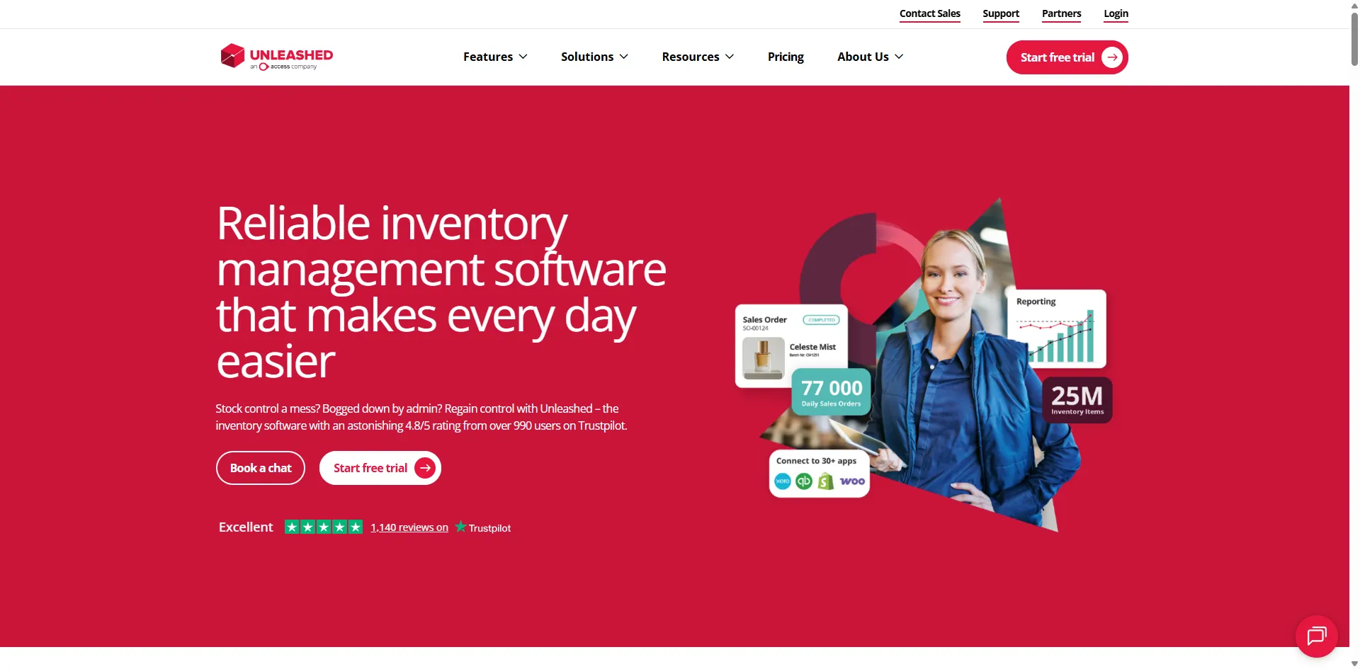 Unleashed homepage with a woman holding a tablet beside sales order and reporting cards