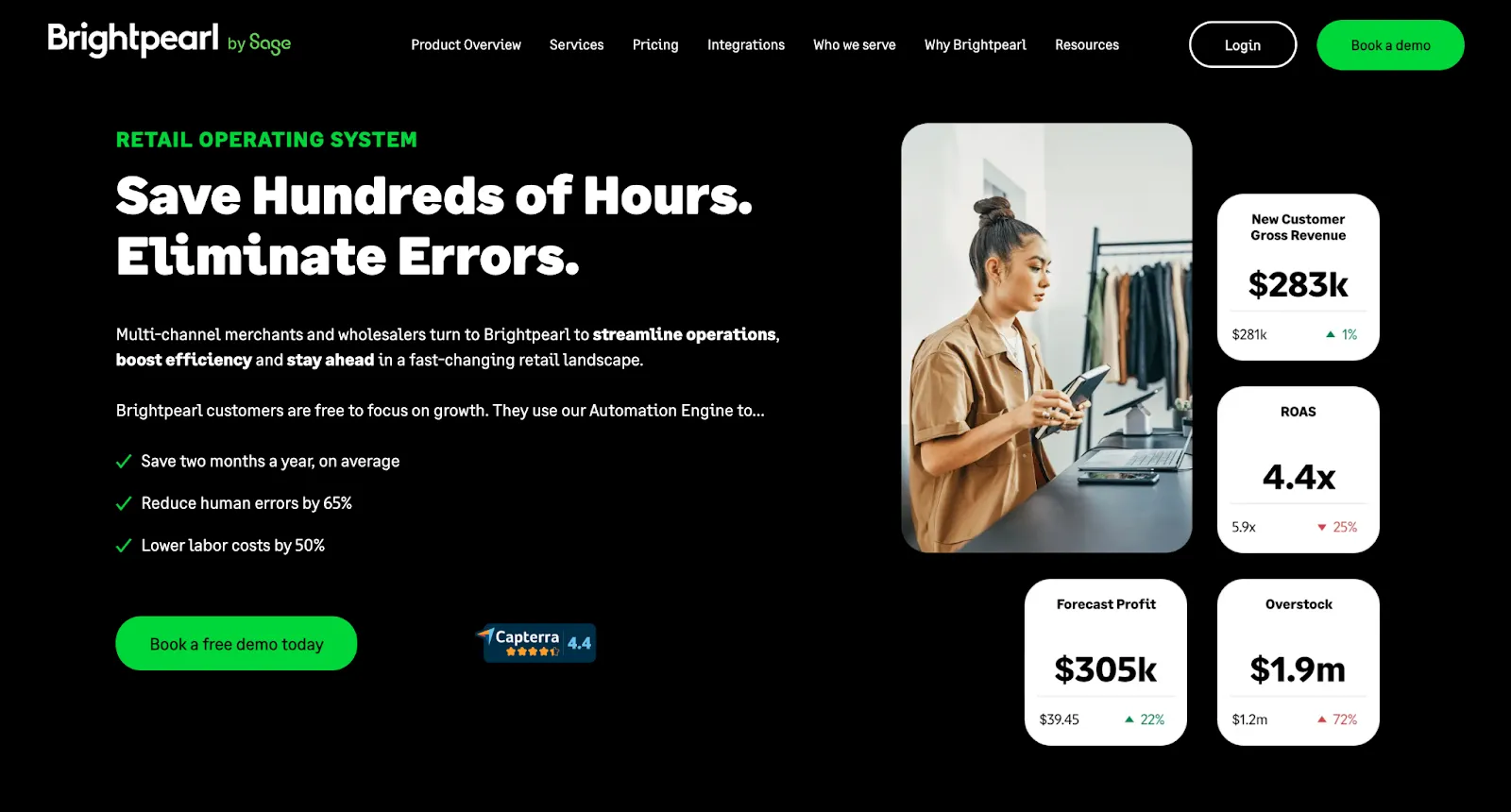 Brightpearl retail page with a woman at a shop counter and revenue metric cards