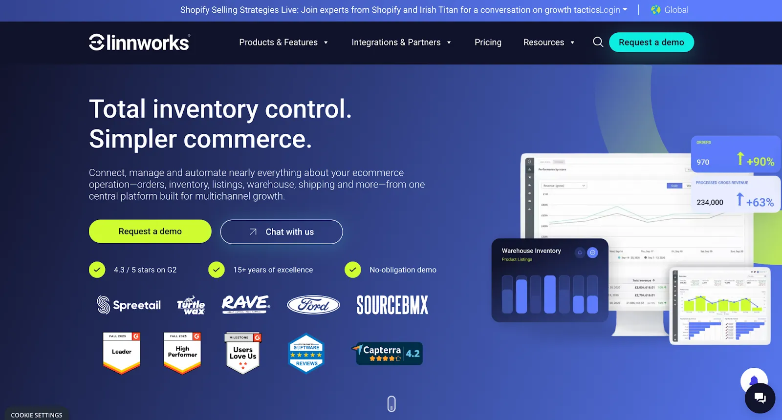 Linnworks homepage with customer logos and a warehouse inventory dashboard