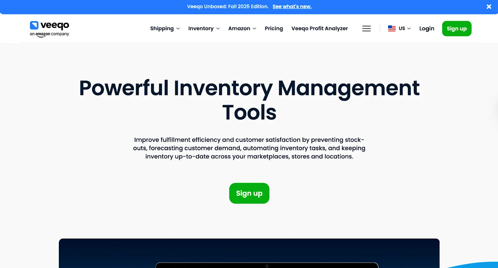Veeqo inventory management tools page with a Sign up button