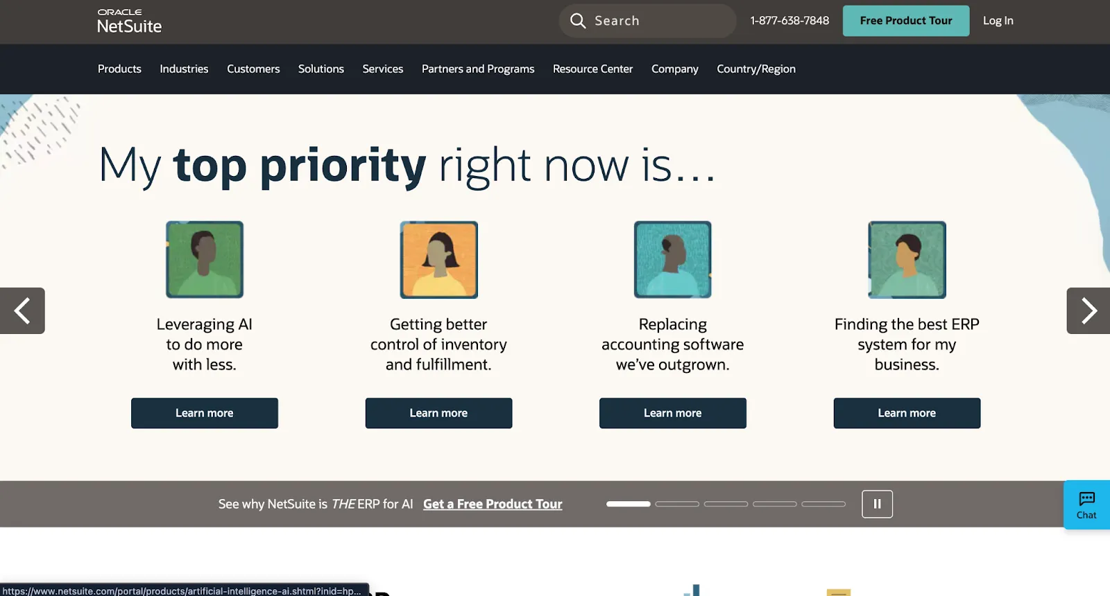 NetSuite homepage carousel of four illustrated business priorities