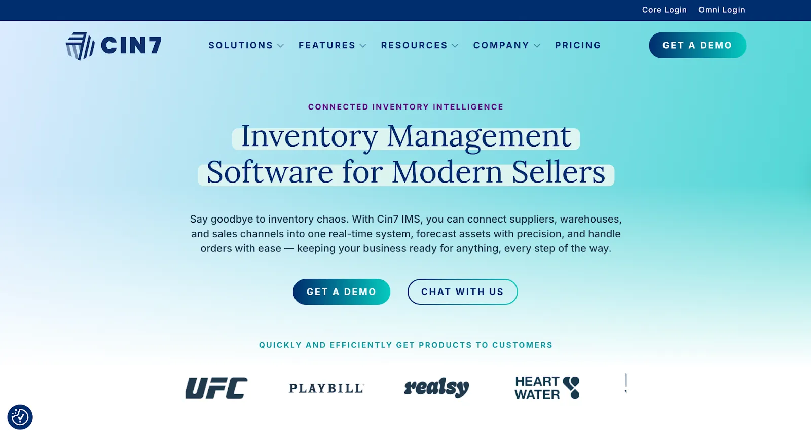 Cin7 inventory management page with demo and chat buttons and customer logos