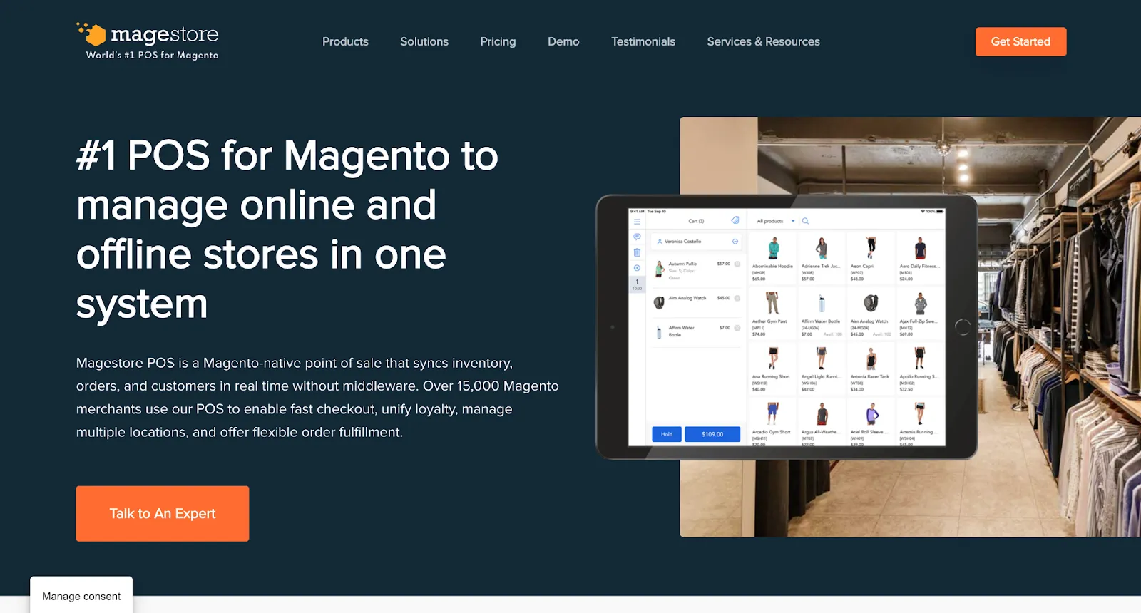Magestore POS page with a tablet checkout screen in a clothing store