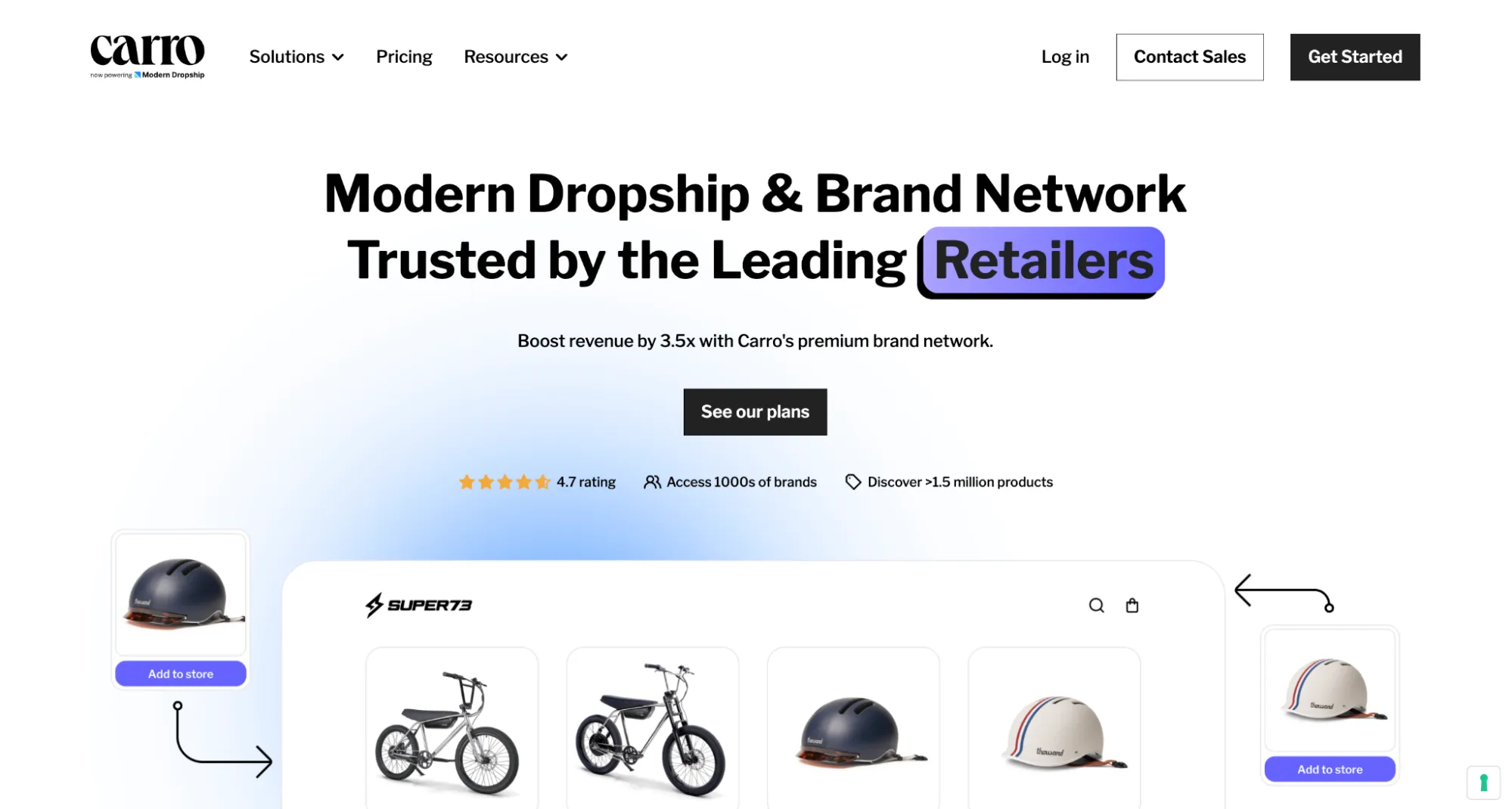 Carro homepage with a Super73 store demo showing bikes and helmets with Add to store buttons