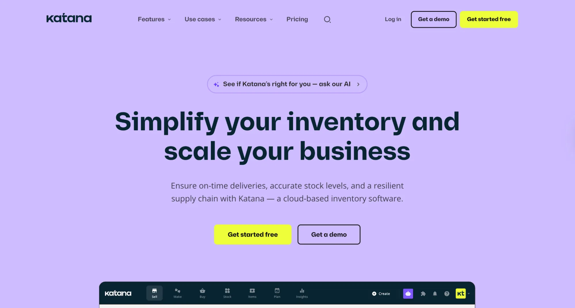 Katana homepage on a lavender background with the top of the app navigation