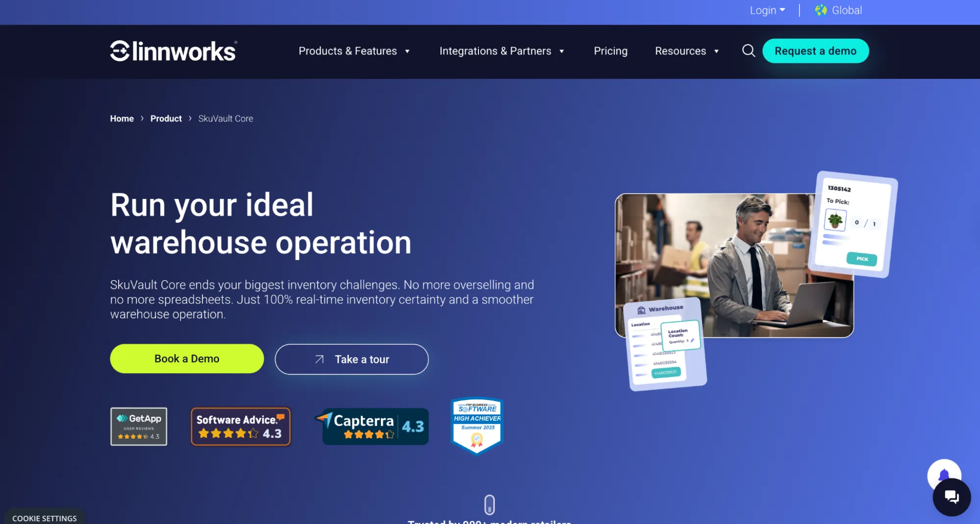SkuVault Core page on the Linnworks site with a warehouse worker at a laptop and a pick card
