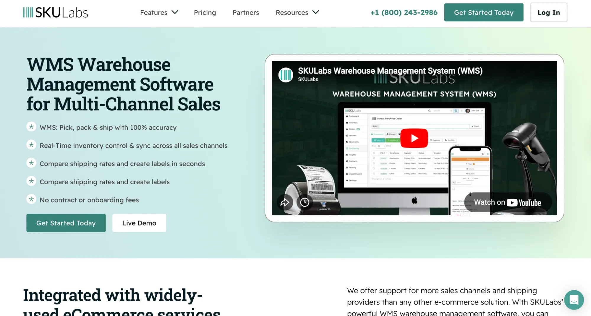SKULabs warehouse management page with an app video, a label printer, and a barcode scanner