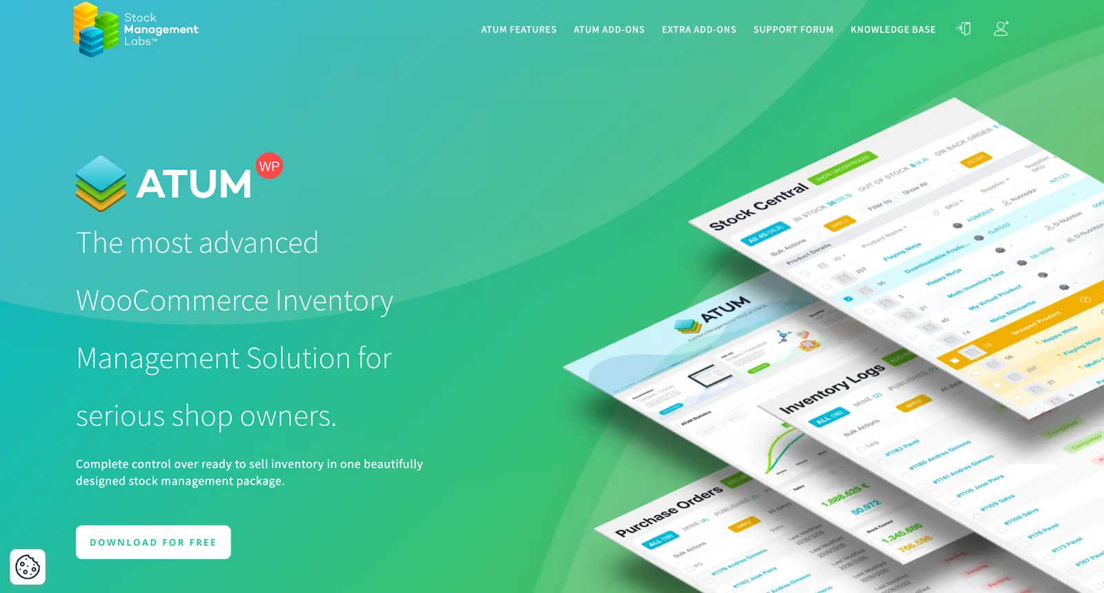 ATUM WooCommerce plugin page with Stock Central, inventory log, and purchase order screens