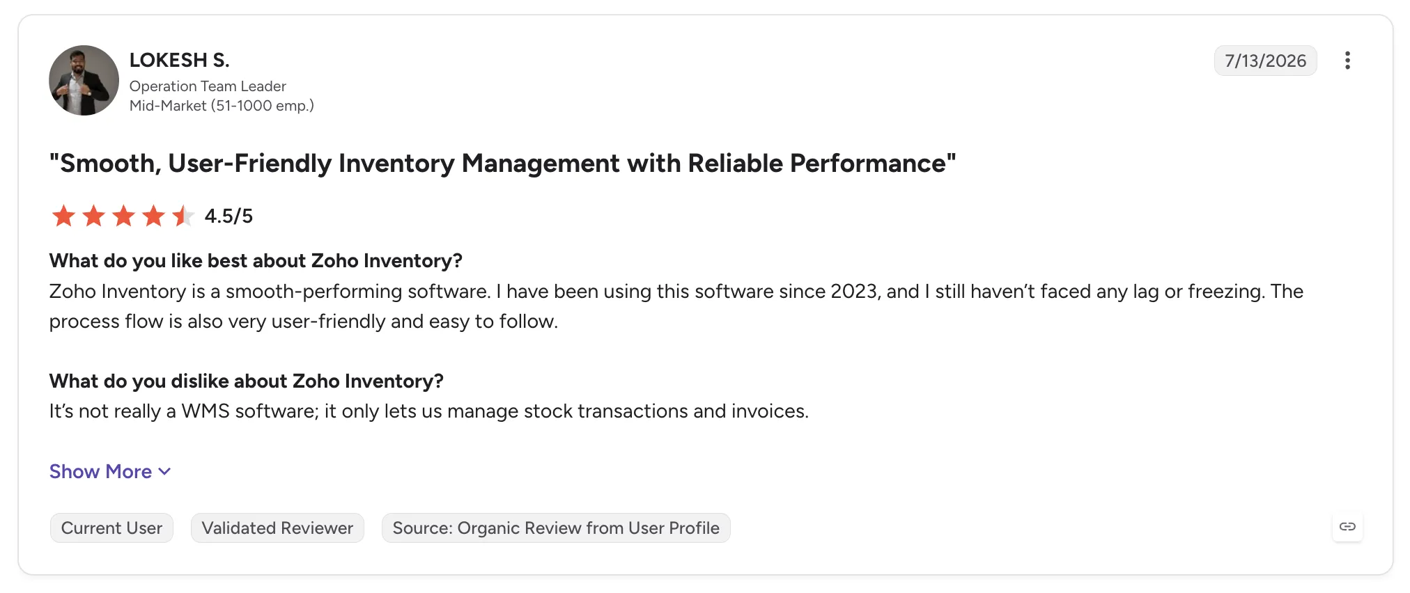 Customer review of Zoho Inventory by Lokesh S., an operation team leader, titled 'Smooth, User-Friendly Inventory Management with Reliable Performance' rated 4.5 out of 5.