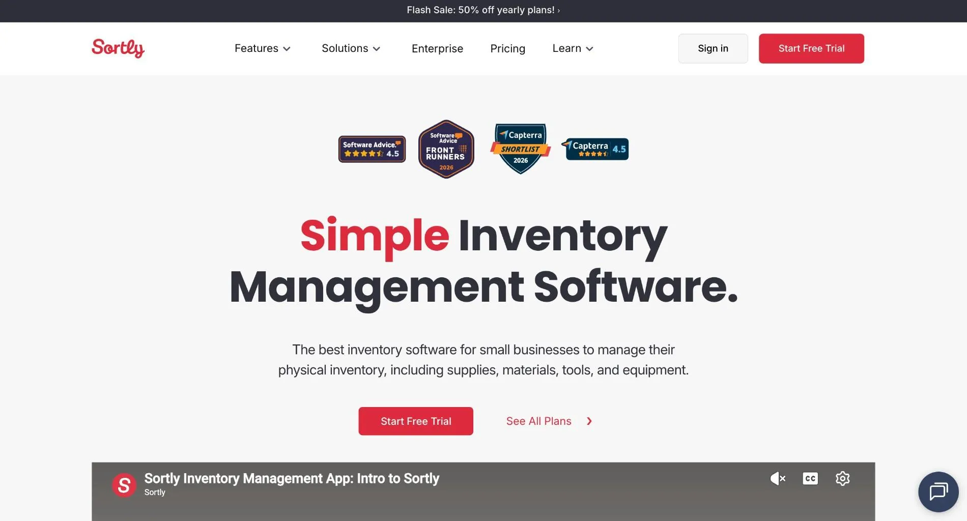 Sortly homepage with the headline 'Simple Inventory Management Software.', Software Advice and Capterra badges, and a Start Free Trial button.