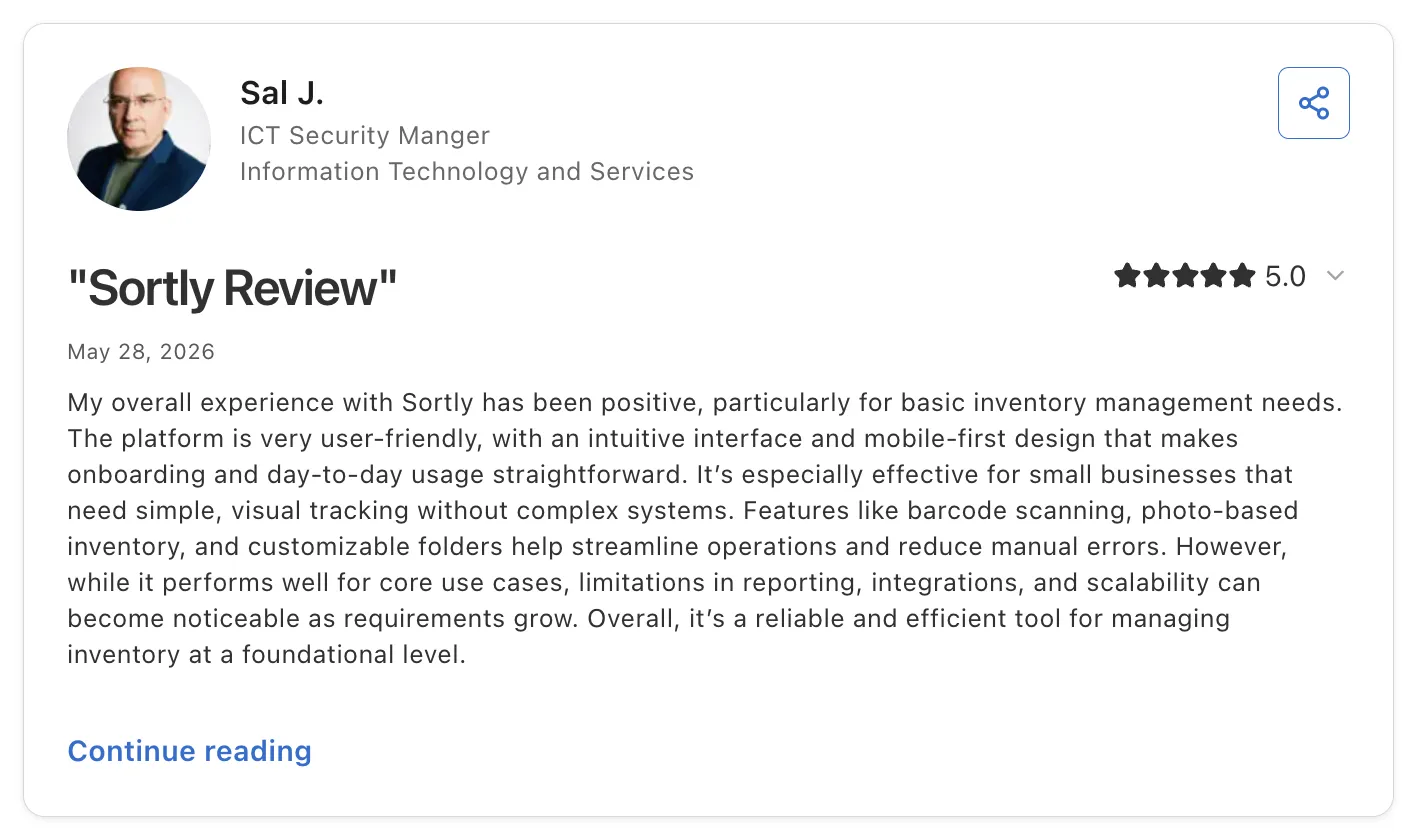 Customer review of Sortly by Sal J. in information technology and services, titled 'Sortly Review' with a 5.0 star rating.