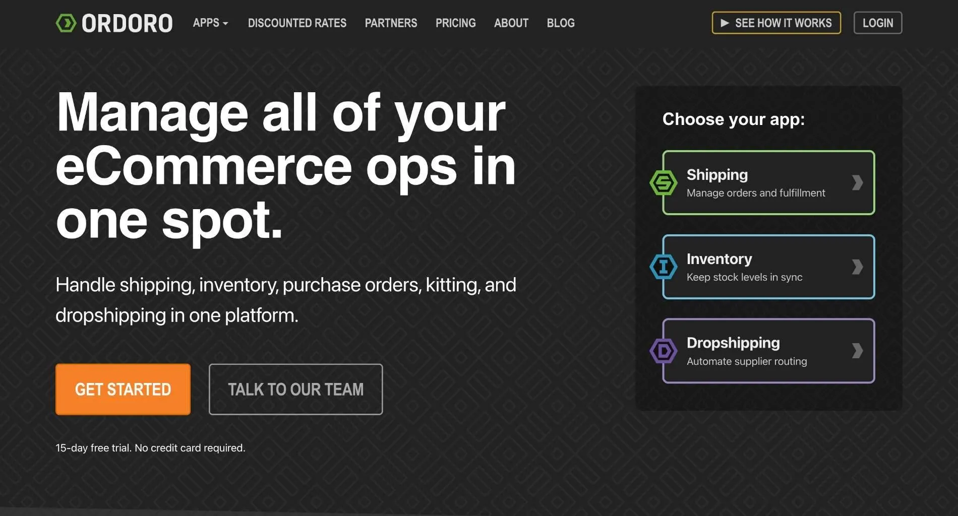 Ordoro homepage with the headline 'Manage all of your eCommerce ops in one spot.' and app choices for Shipping, Inventory, and Dropshipping.