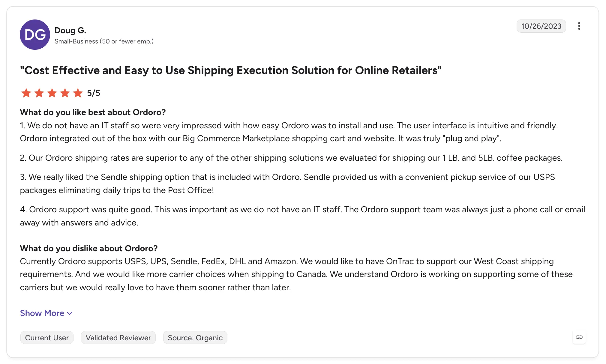 Customer review of Ordoro by Doug G., titled 'Cost Effective and Easy to Use Shipping Execution Solution for Online Retailers' rated 5 out of 5.