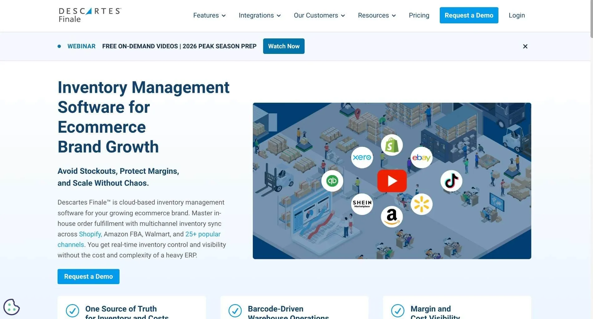 Descartes Finale homepage with the headline 'Inventory Management Software for Ecommerce Brand Growth', a Request a Demo button, and a warehouse video with channel logos.