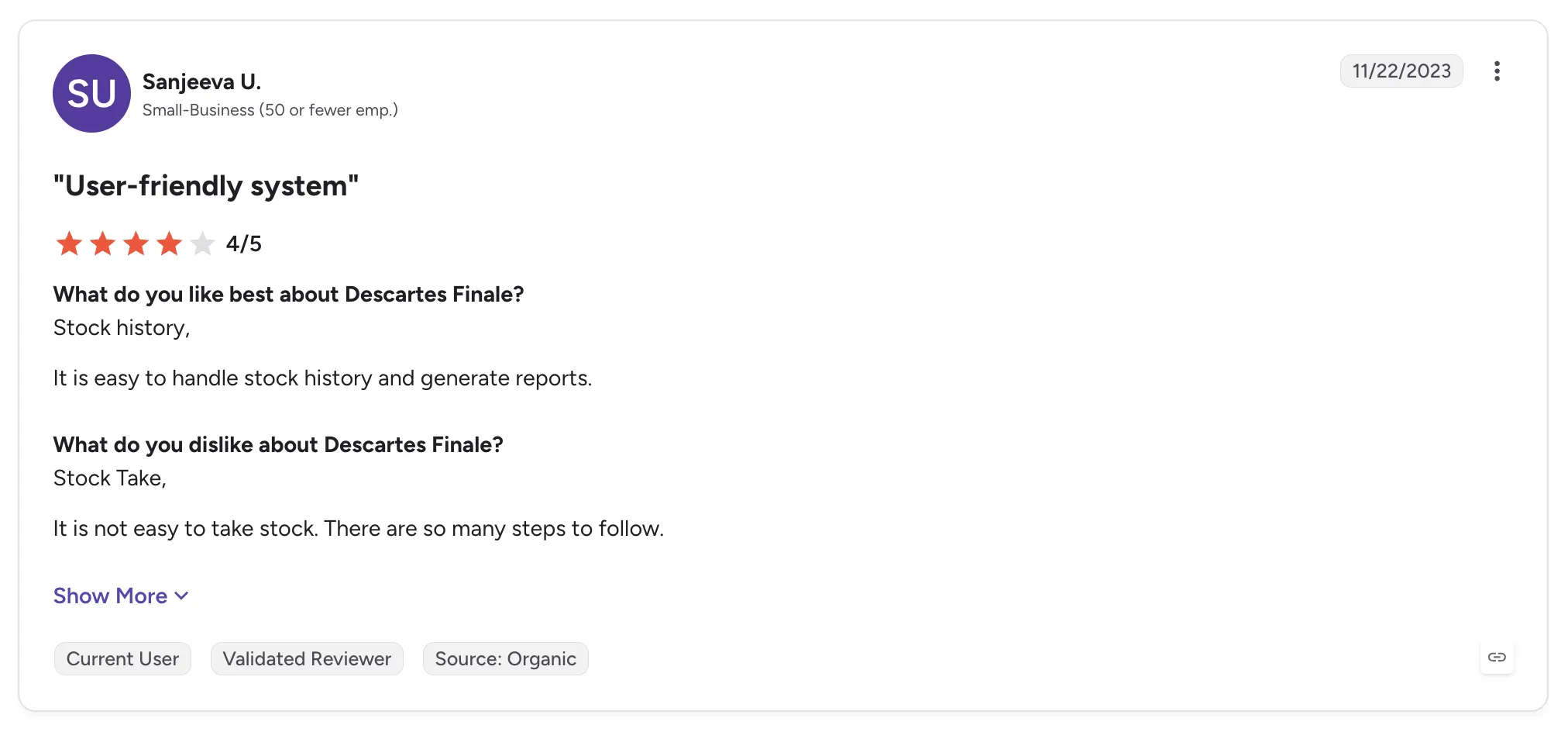 Customer review of Descartes Finale by Sanjeeva U., titled 'User-friendly system' rated 4 out of 5, praising stock history and criticizing stock takes.