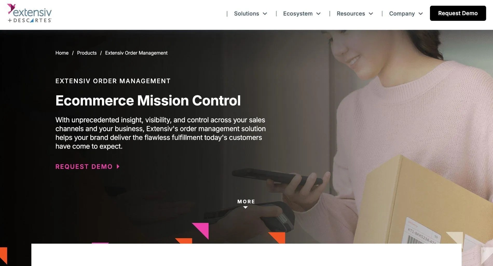 Extensiv Order Management product page with the headline 'Ecommerce Mission Control' and a Request Demo link over a photo of a woman holding a parcel.