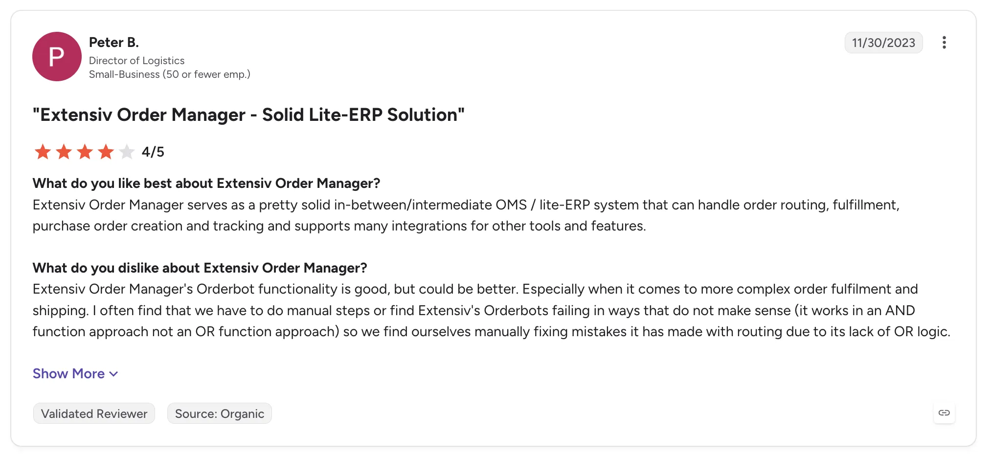 Customer review of Extensiv Order Manager by Peter B., a director of logistics, titled 'Extensiv Order Manager - Solid Lite-ERP Solution' rated 4 out of 5.
