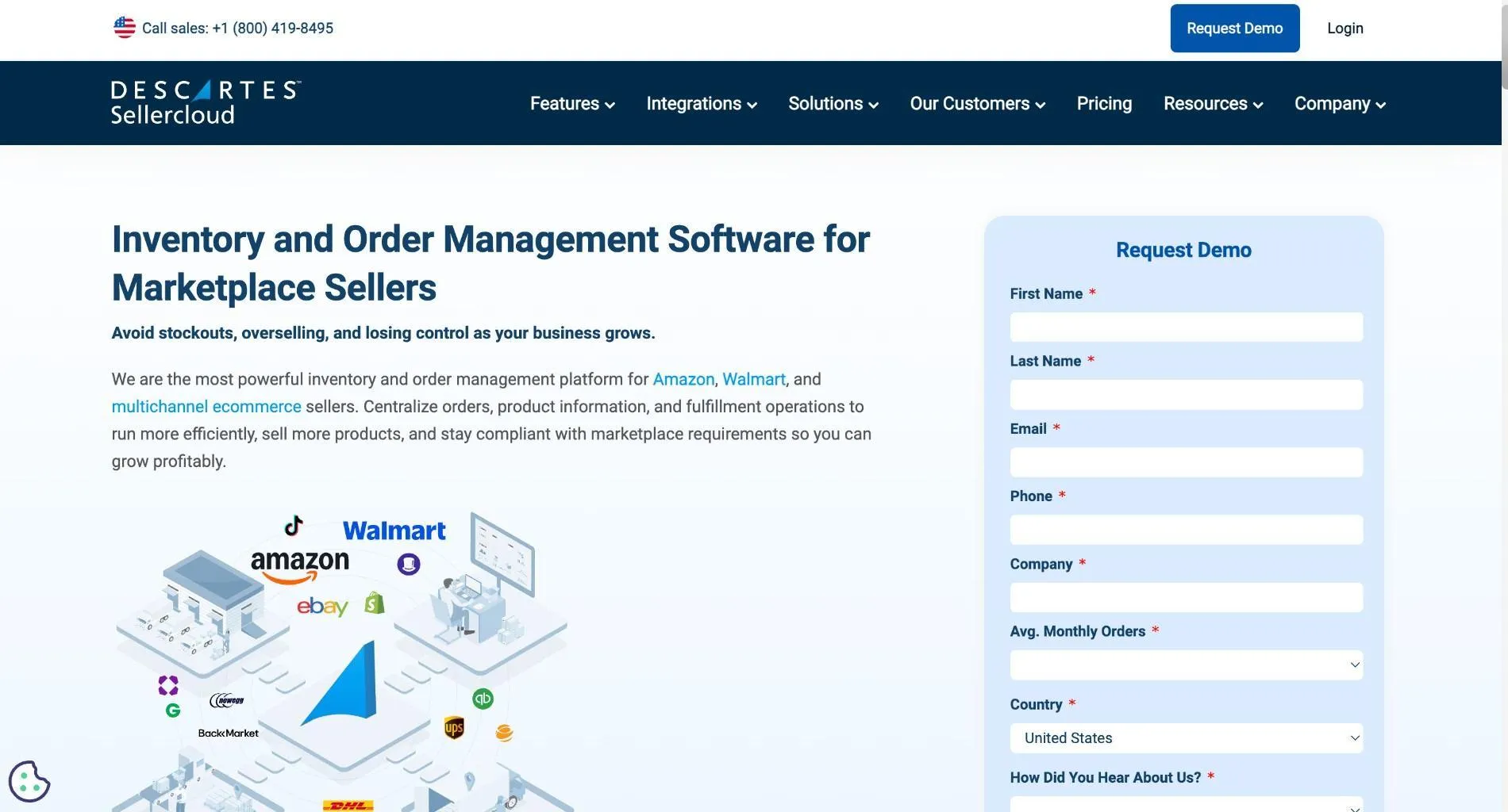 Descartes Sellercloud homepage with the headline 'Inventory and Order Management Software for Marketplace Sellers', marketplace logos, and a Request Demo form.