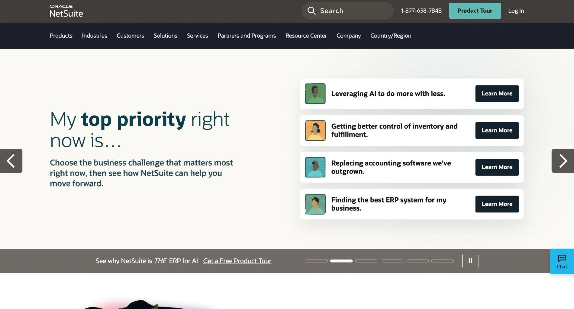 NetSuite homepage with the headline 'My top priority right now is...' and four business challenge cards, each with a Learn More button.