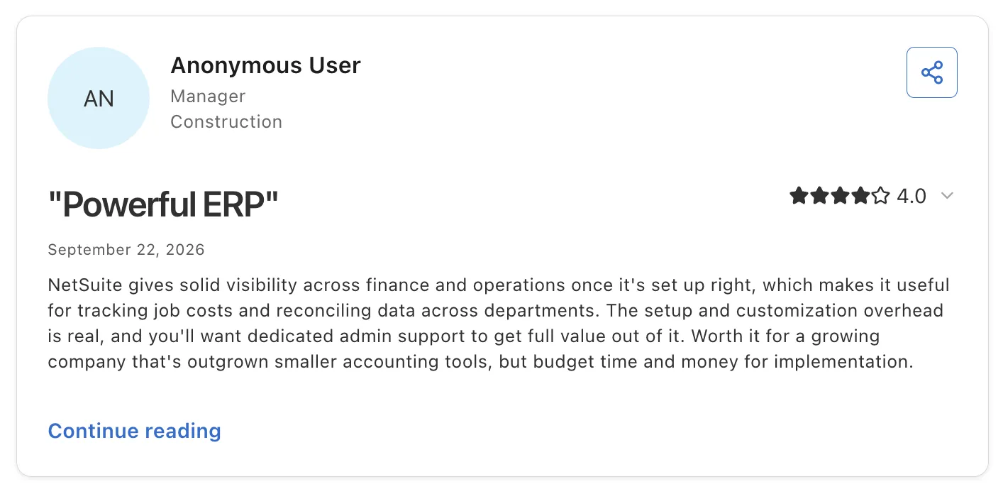 Customer review of NetSuite by an anonymous construction manager, titled 'Powerful ERP' with a 4.0 star rating and comments on setup overhead.