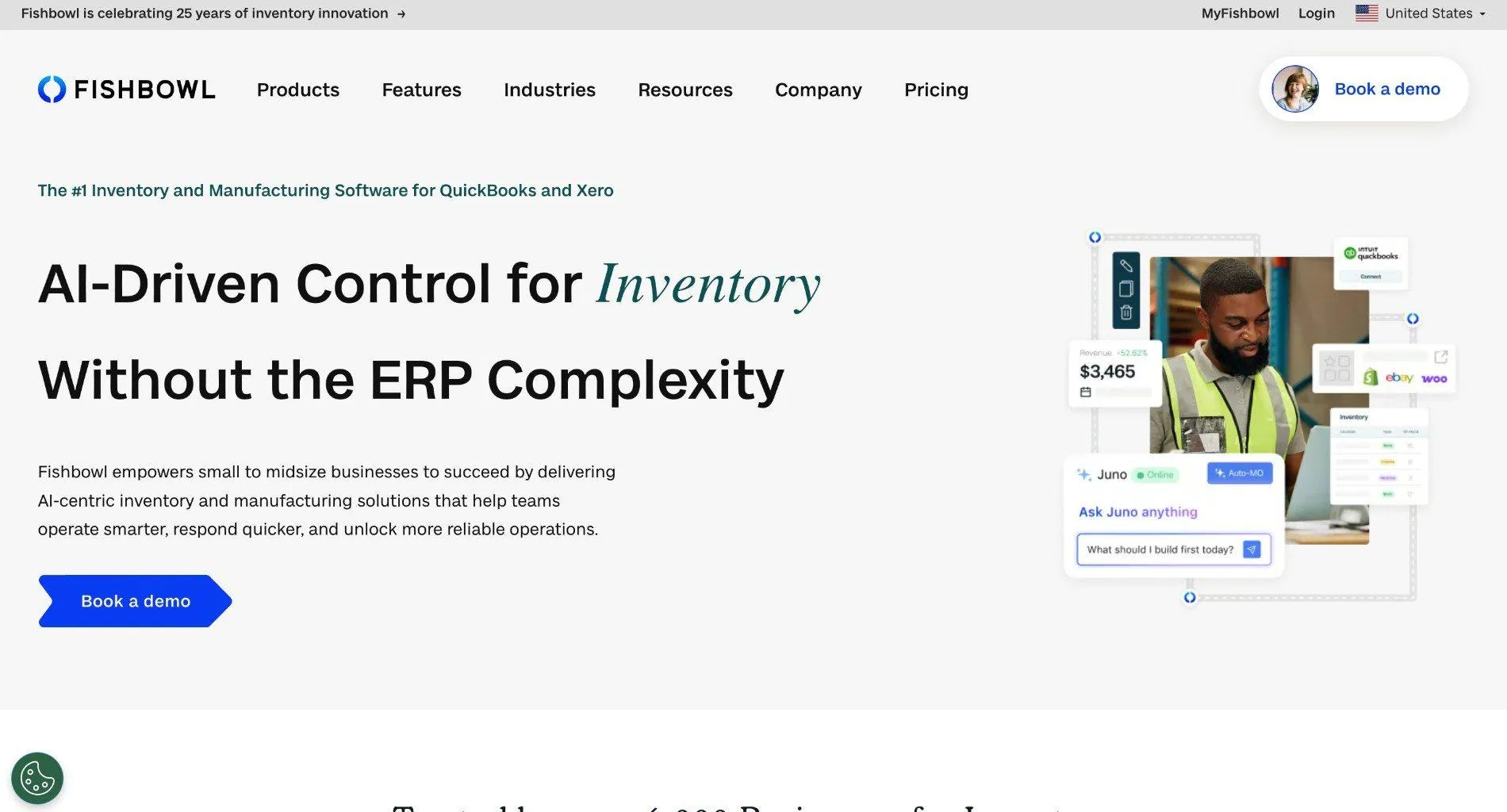 Fishbowl homepage with the headline 'AI-Driven Control for Inventory Without the ERP Complexity', a Book a demo button, and a warehouse worker image.