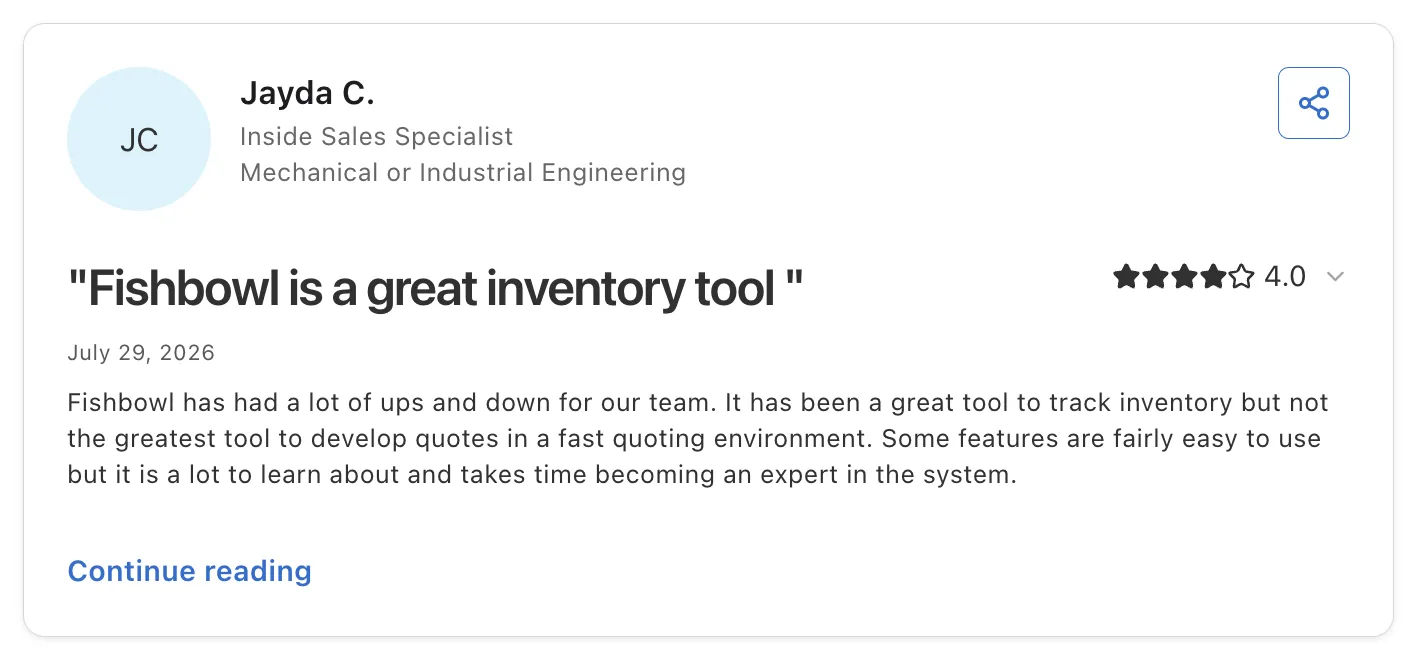 Customer review of Fishbowl by Jayda C., an inside sales specialist, titled 'Fishbowl is a great inventory tool' with a 4.0 star rating.