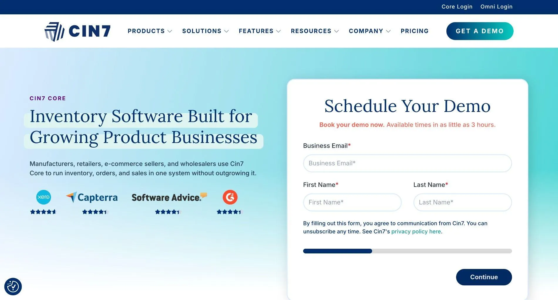 Cin7 Core page with the headline 'Inventory Software Built for Growing Product Businesses', review site star ratings, and a Schedule Your Demo form.