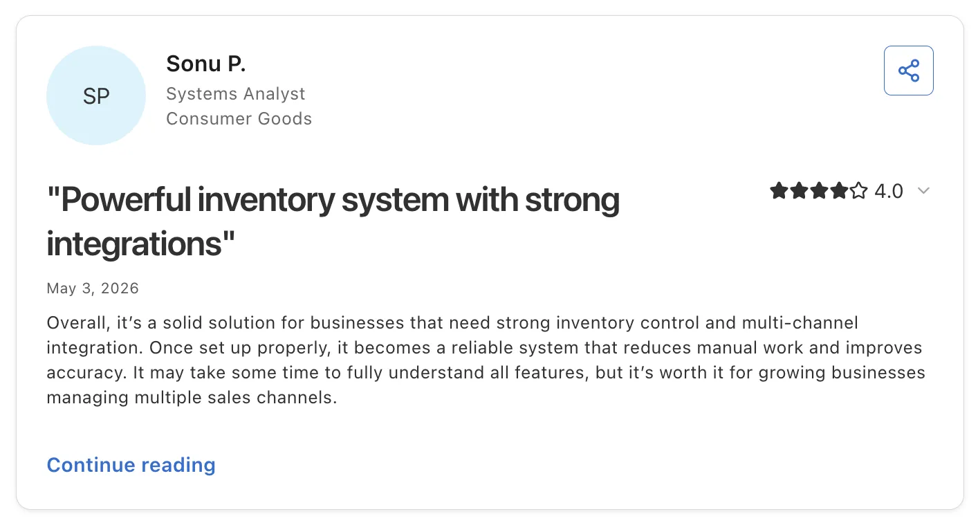 Customer review of Cin7 Core by Sonu P., a systems analyst, titled 'Powerful inventory system with strong integrations' with a 4.0 star rating.