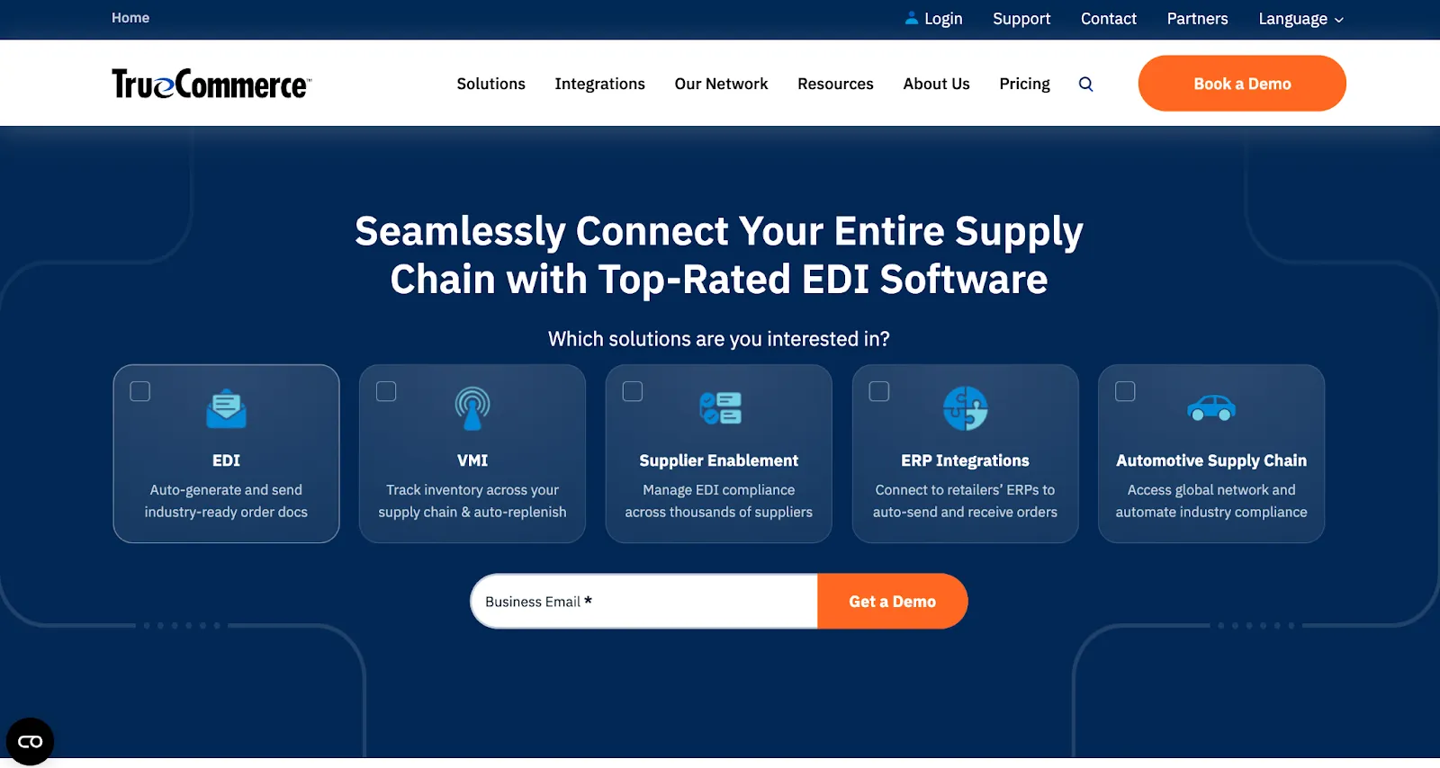 TrueCommerce homepage with solution cards for EDI, VMI, supplier enablement, ERP, and automotive