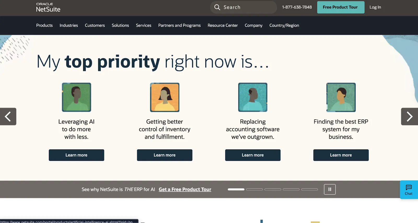 NetSuite homepage asking visitors to pick a top priority, with four illustrated options